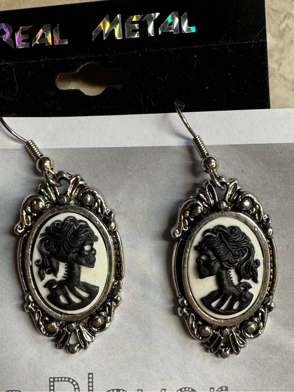 Vintage Gothic Cameo Skeleton Drop Earrings NWT
